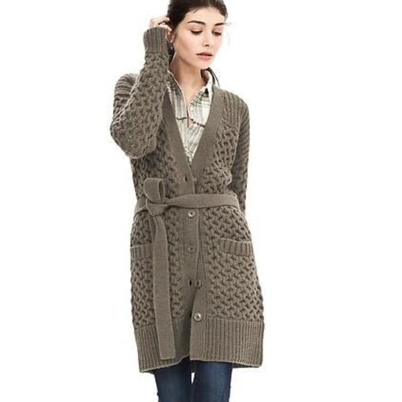 Banana Republic Sweaters - Thick Cable Knit Belted Olive Cardigan Duster